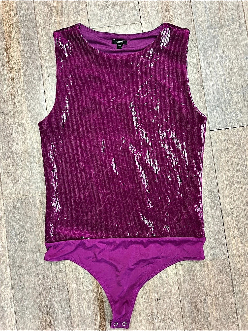 Express Body Contour Sequin Crew Neck Bodysuit Pink Medium